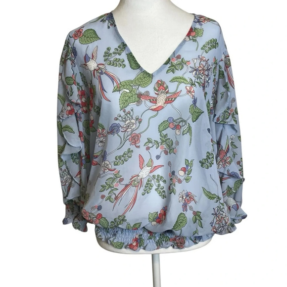 Nanette Lepore Blue Floral Bird Sheer Blouse Large Business Casual Elastic Waist - Picture 1 of 10